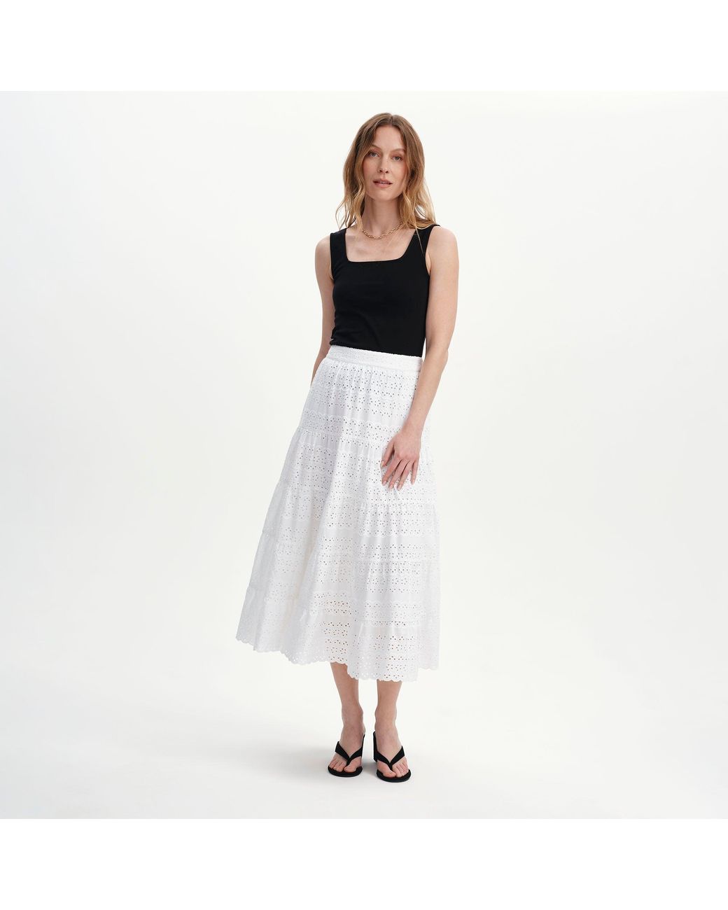 Finery London White Siobhan Cotton Broderie Tiered Midi Skirt