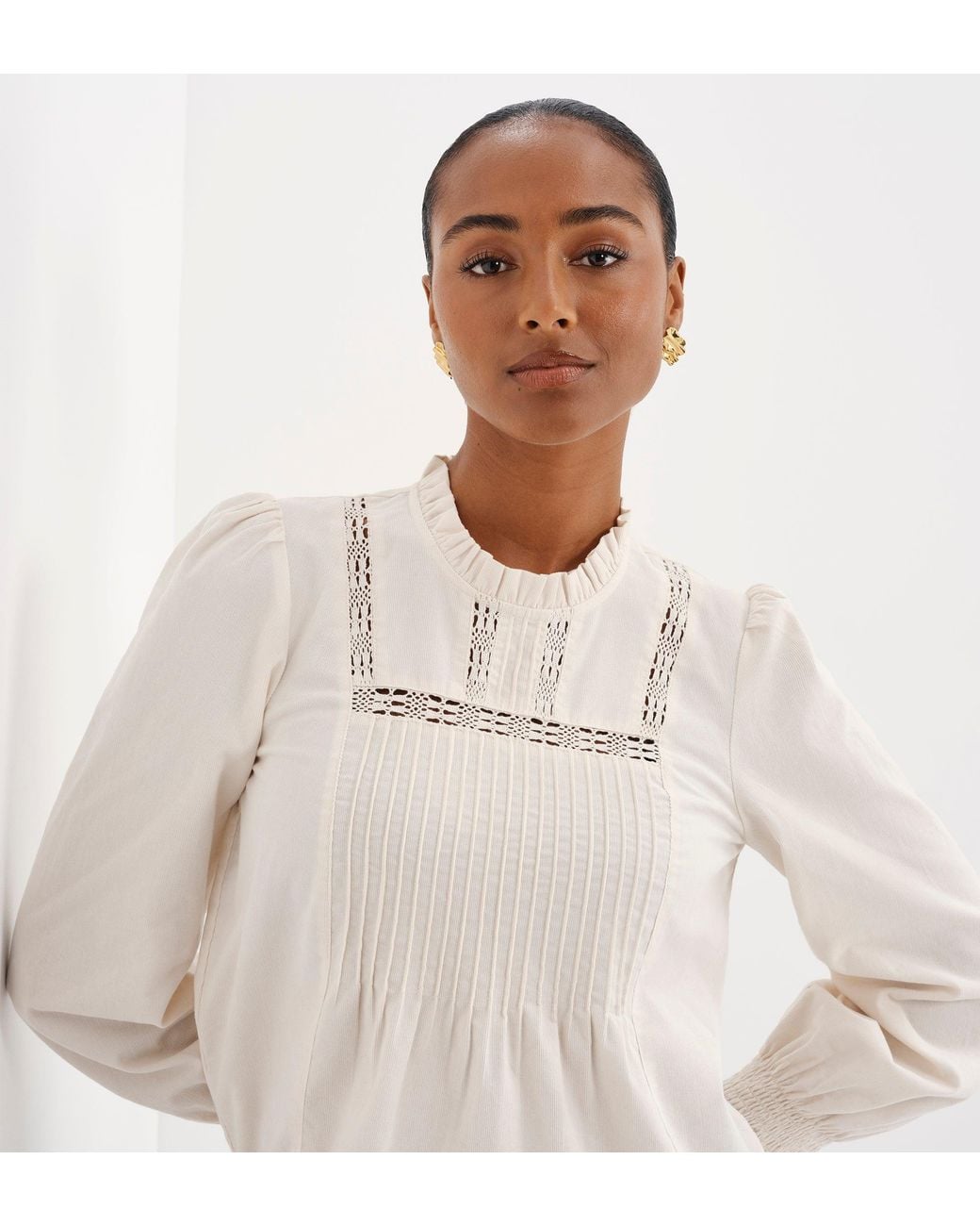 Finery London Natural Alicia Corduroy Lace Trim Pintuck Top