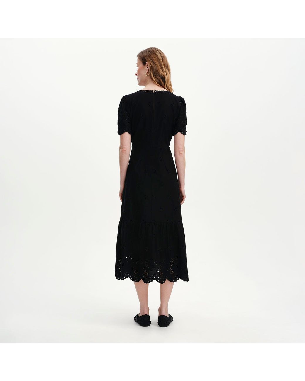 Finery London Black Quinn Cotton Broderie Lace Trim V-Neck Midi Dress
