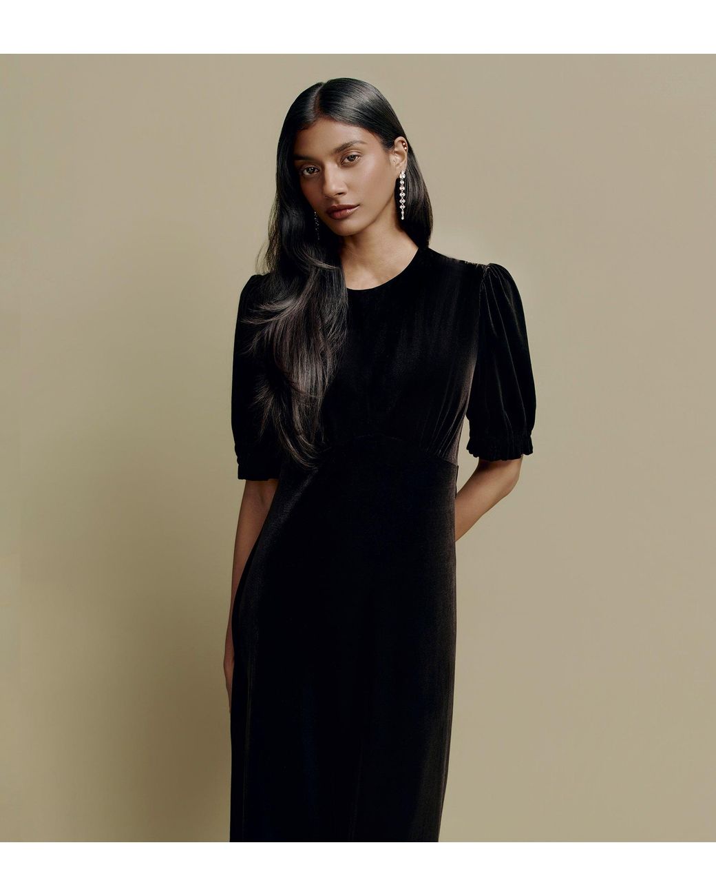 Finery London Black Mela Velvet Midi Tea Dress