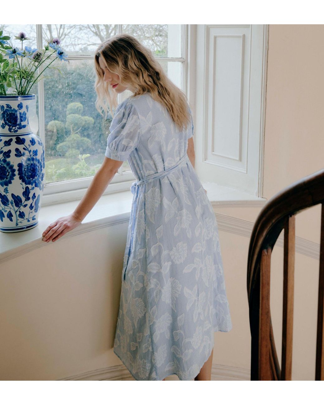 Finery London Blue Mariah Jacquard Stripe Cotton Midi Shirt Dress