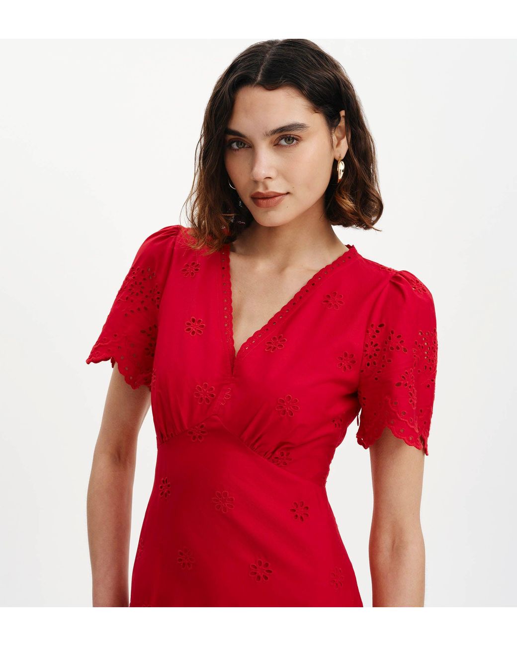 Finery London Red Quinn Cotton Broderie Lace Trim V-Neck Midi Dress