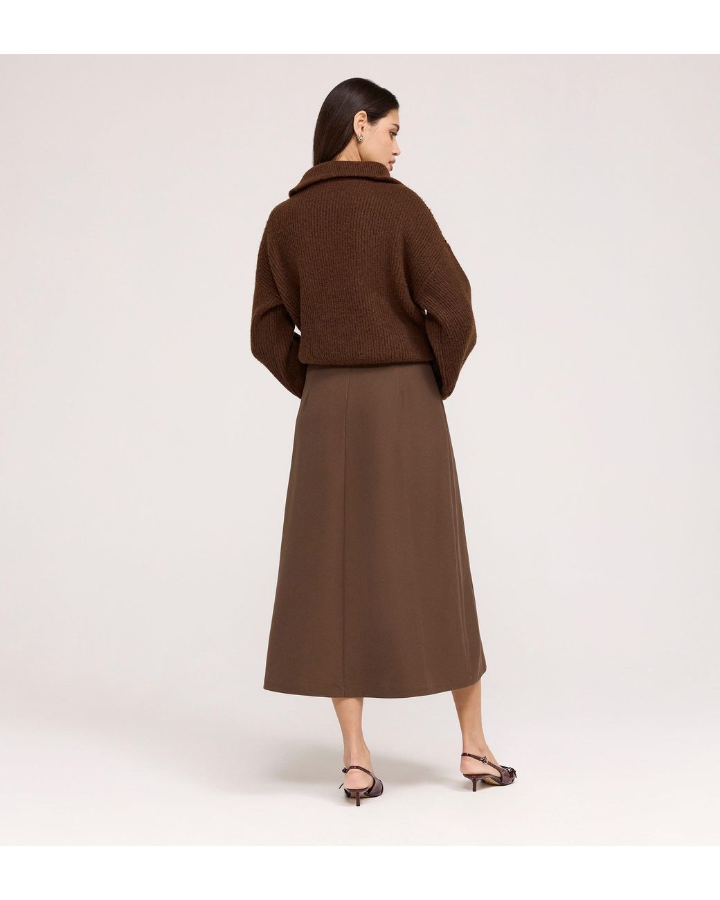 Finery London Brown Ramona Gaberdine Twill Midi Skirt