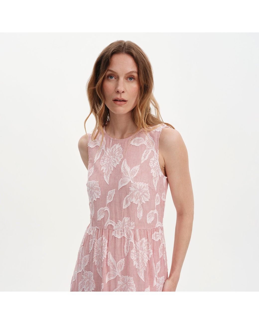 Finery London Pink Hollie Jacquard Stripe Cotton Sleeveless Midi Dress