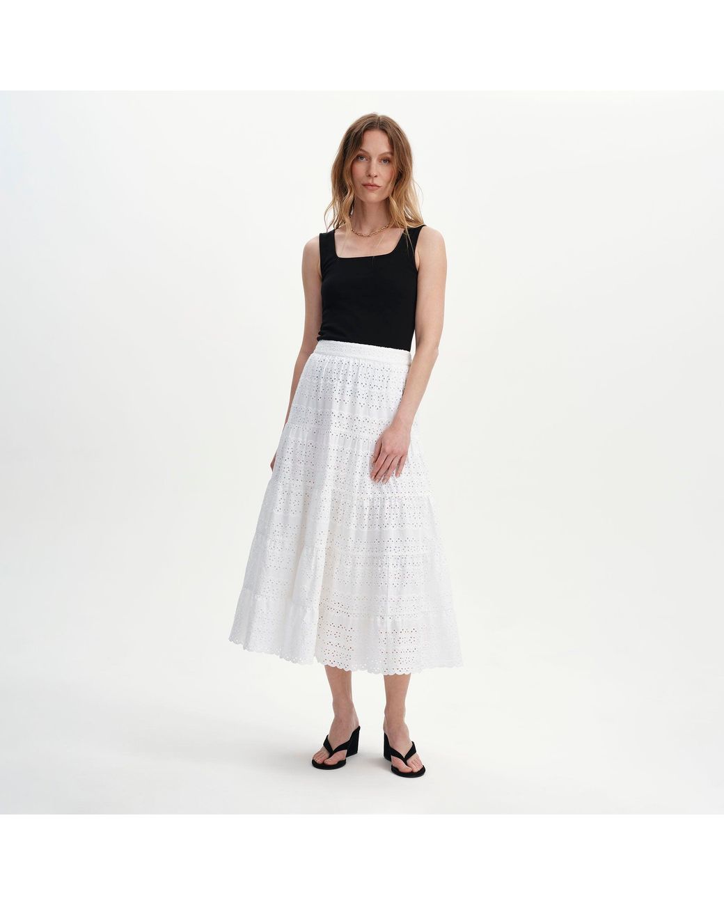 Finery London White Siobhan Cotton Broderie Tiered Midi Skirt