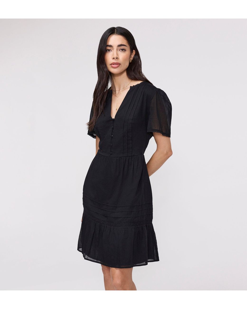 Finery London Black Dakota Cotton Lace Tiered Short Dress