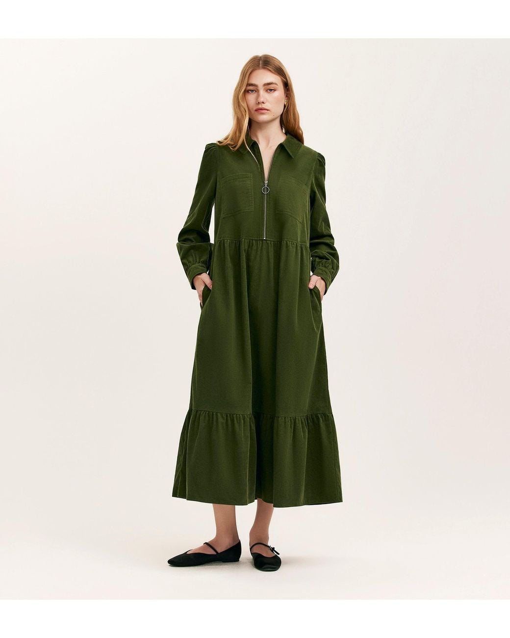 Finery London Green Callie Corduroy Midi Dress