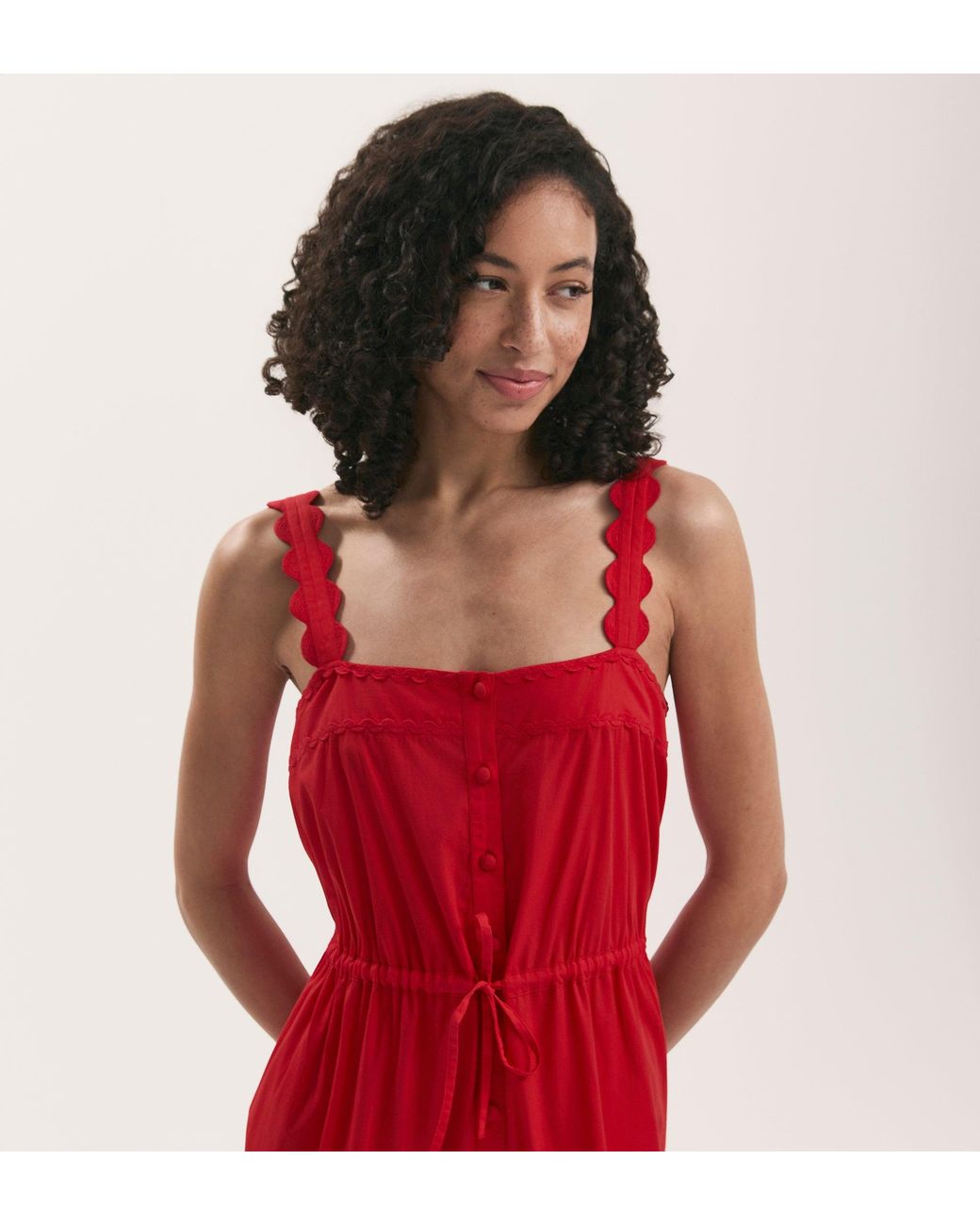 Finery London Red Hallie Ric Rac Trim Cotton Midi Dress