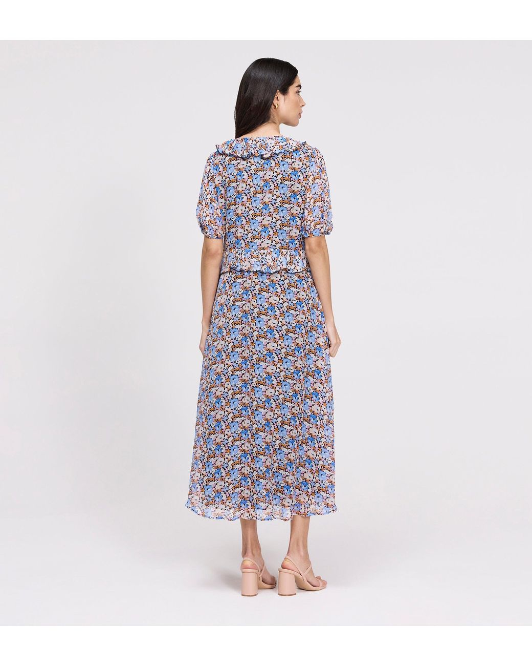 Finery London Purple Pomona Chiffon Ruffle Bow Puff Sleeve Midi Dress