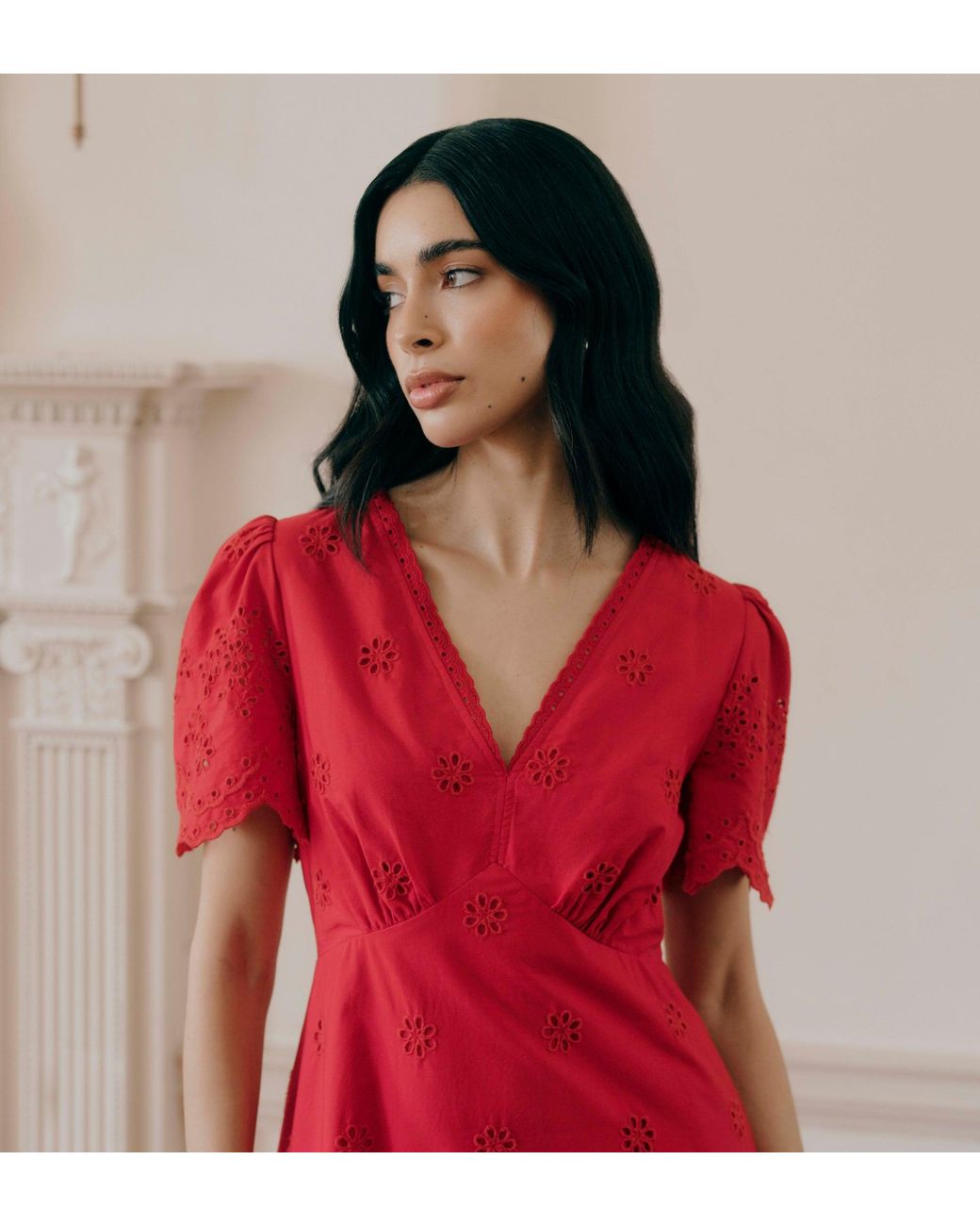 Finery London Red Quinn Cotton Broderie Lace Trim V-Neck Midi Dress
