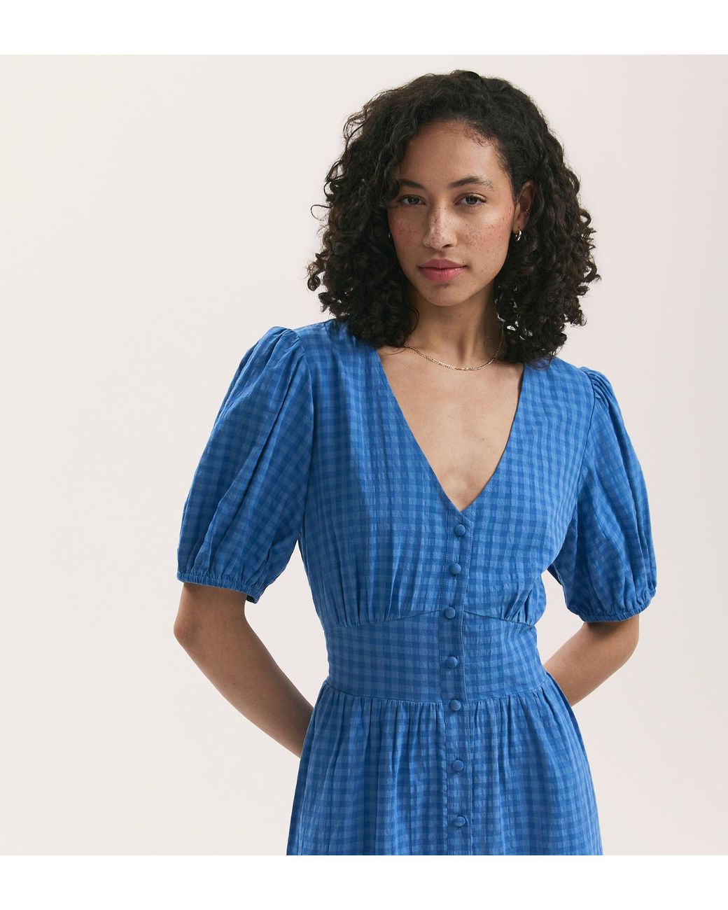 Finery London Blue Addison Gingham Seersucker Midi Dress