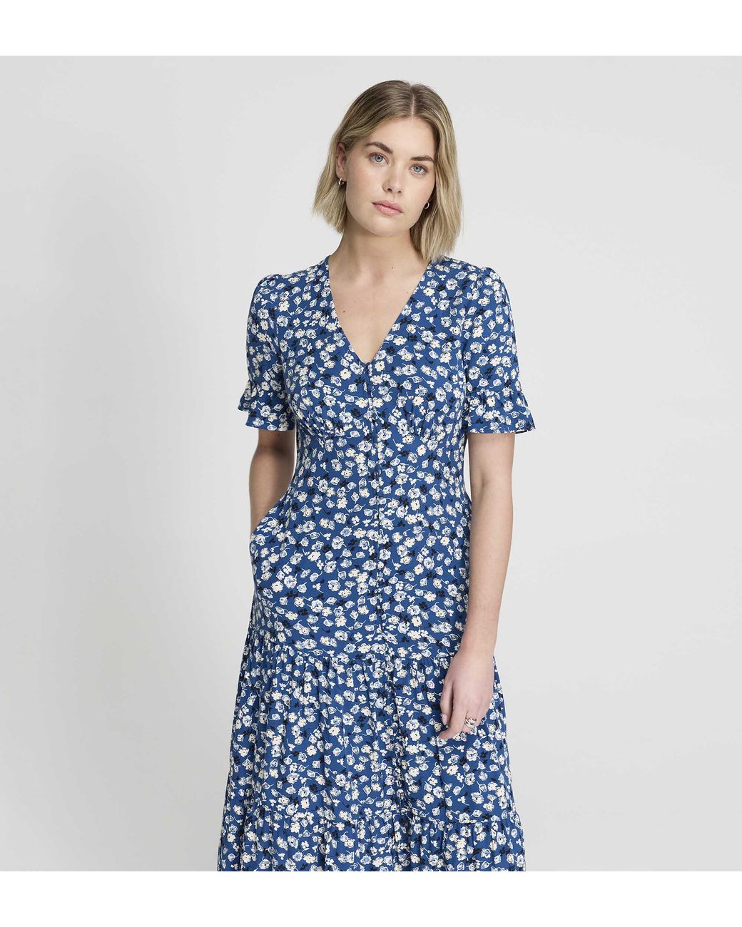 Finery London Blue Sinead Tiered Midi Dress