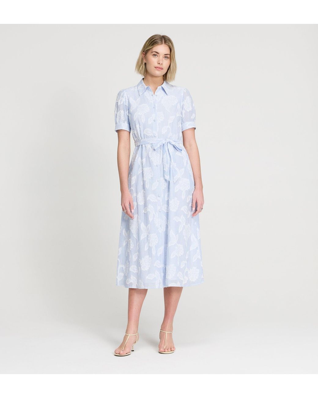 Finery London Blue Mariah Jacquard Stripe Cotton Midi Shirt Dress