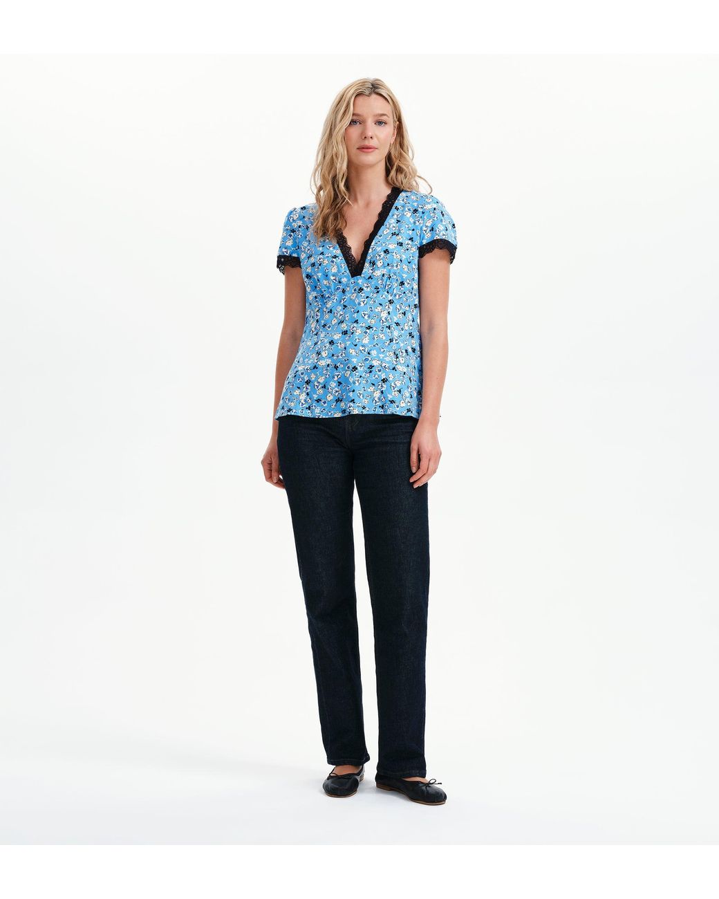 Finery London Blue Lacie Lace Trim V-Neck Empire Waist Top