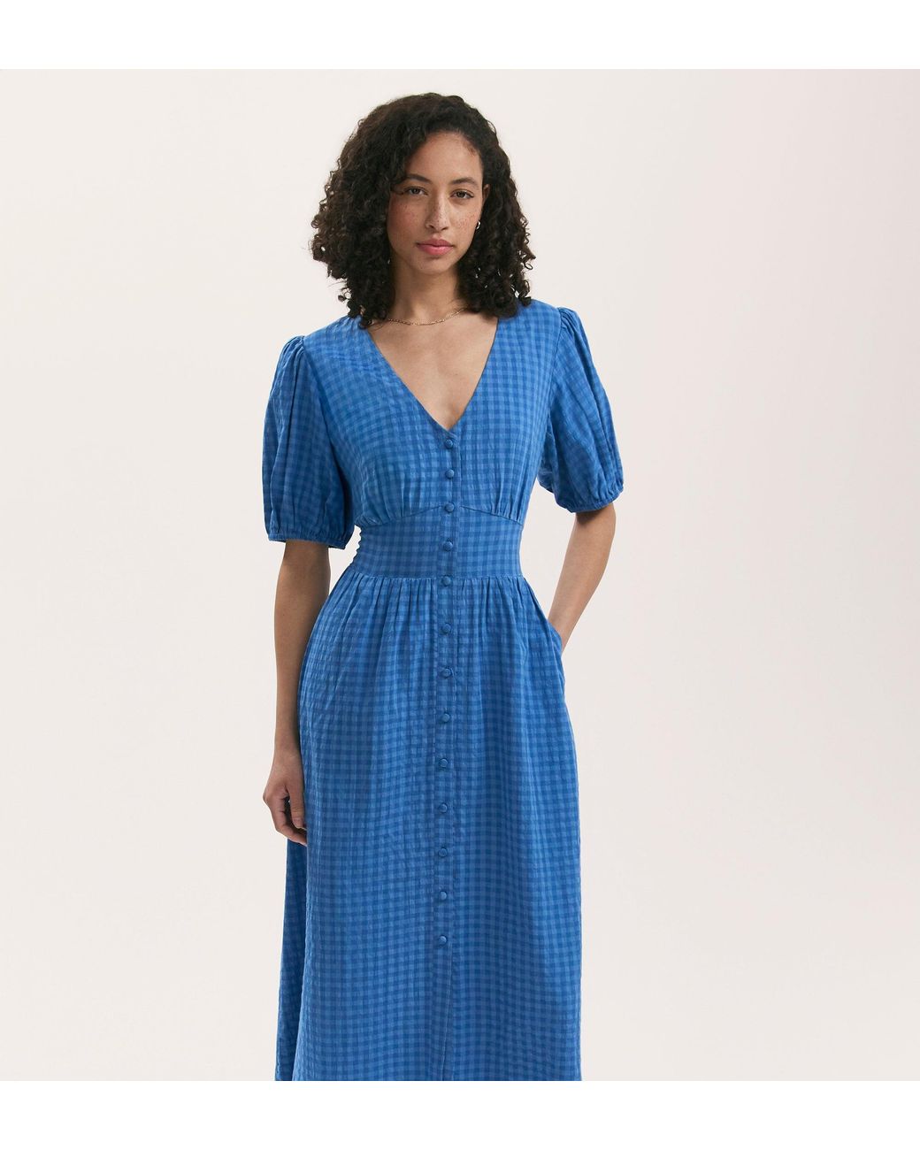 Finery London Blue Addison Gingham Seersucker Midi Dress