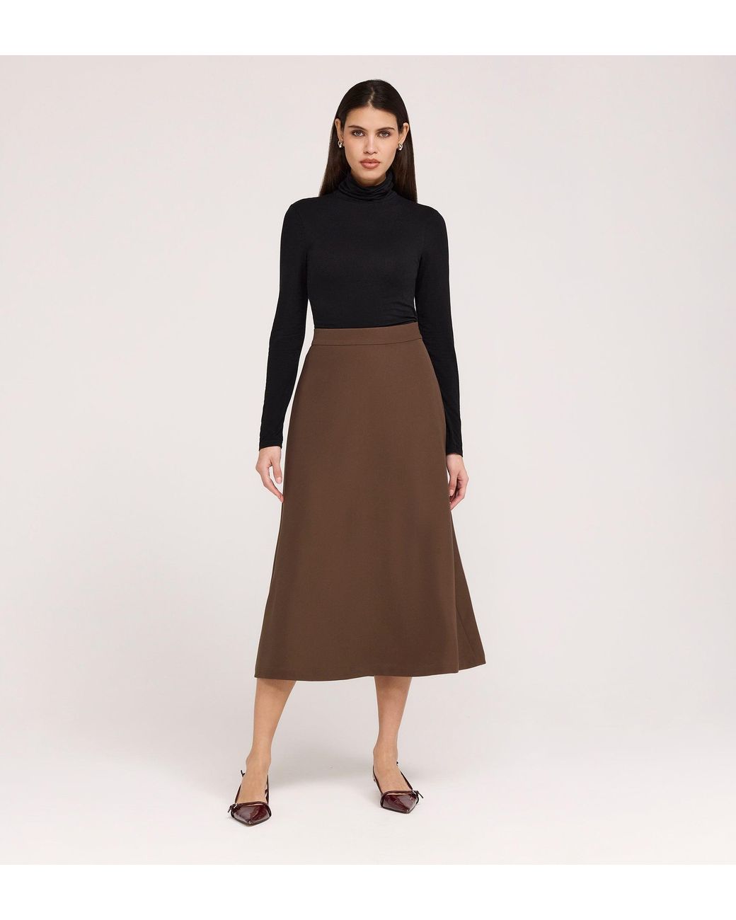 Finery London Brown Ramona Gaberdine Twill Midi Skirt
