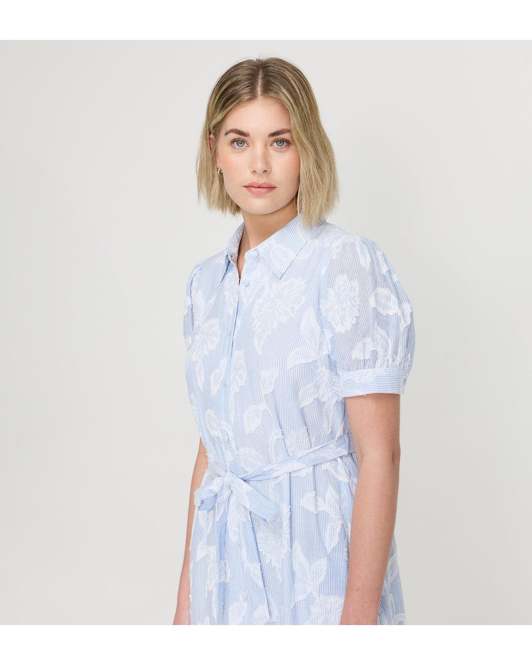 Finery London Blue Mariah Jacquard Stripe Cotton Midi Shirt Dress