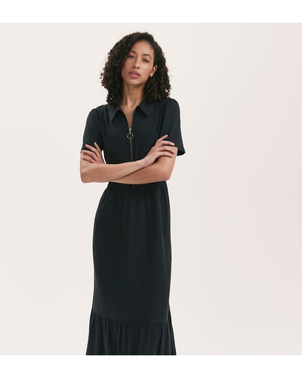 Finery London Black Tania Linen Blend Midi Shirt Dress