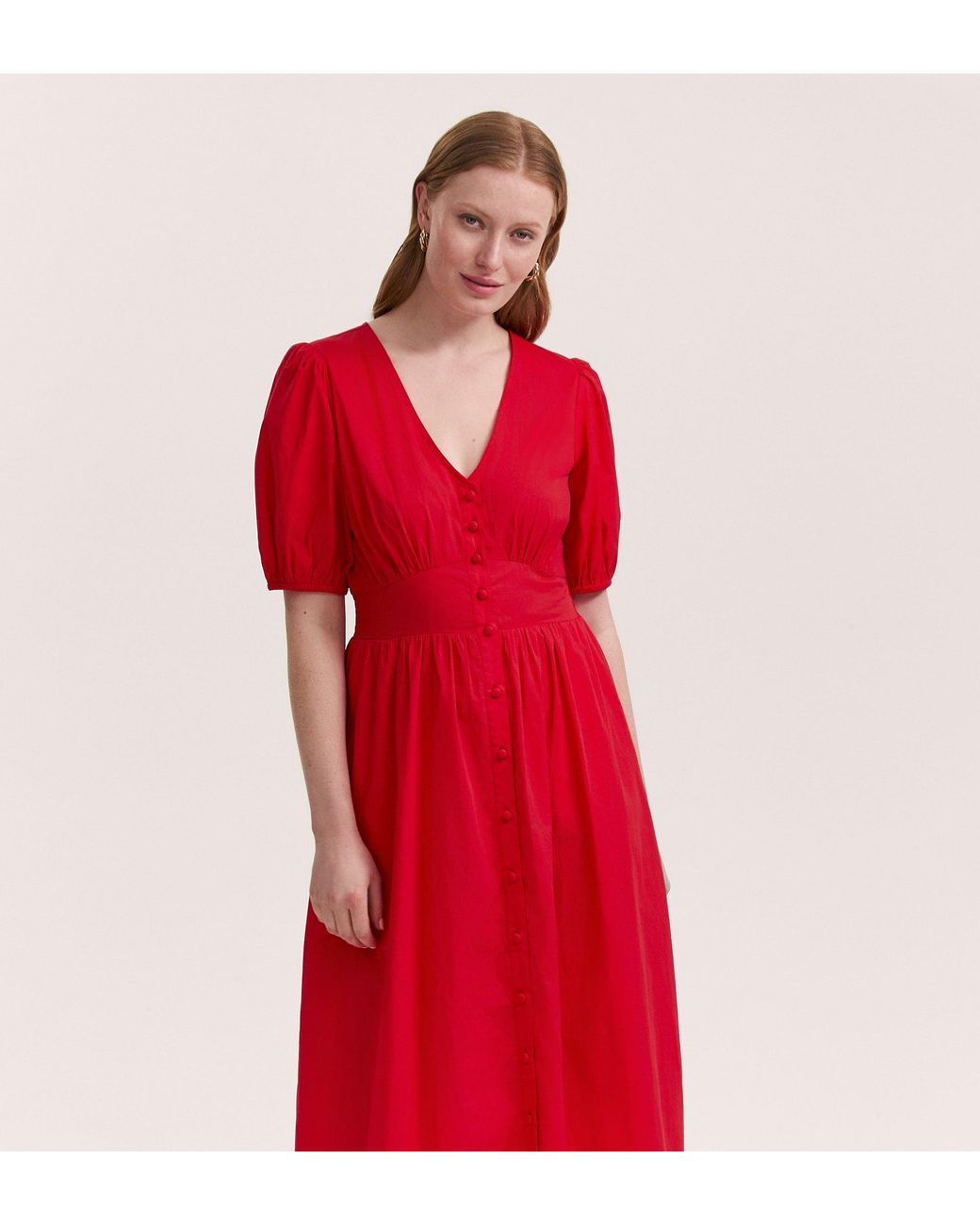 Finery London Red Addison Cotton Midi Tea Dress
