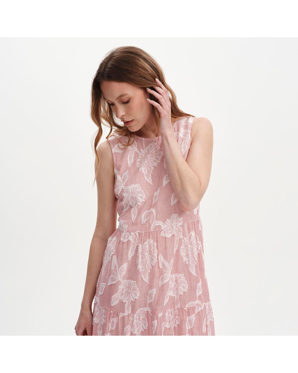 Finery London Pink Hollie Jacquard Stripe Cotton Sleeveless Midi Dress
