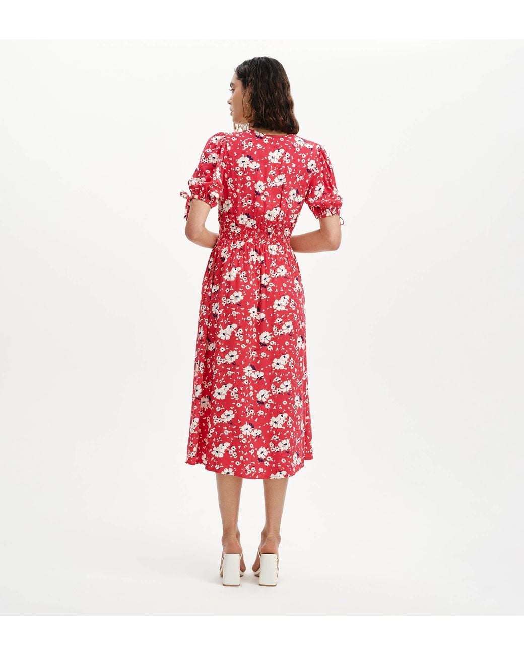 Finery London Red Margot Puff Sleeve Button Through Midi Dress