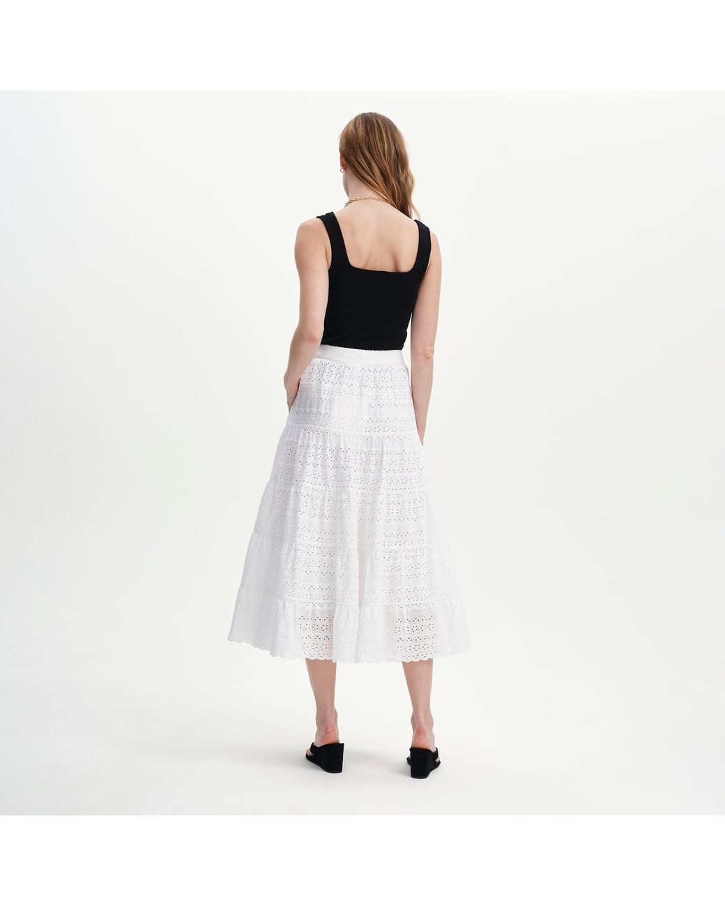 Finery London White Siobhan Cotton Broderie Tiered Midi Skirt