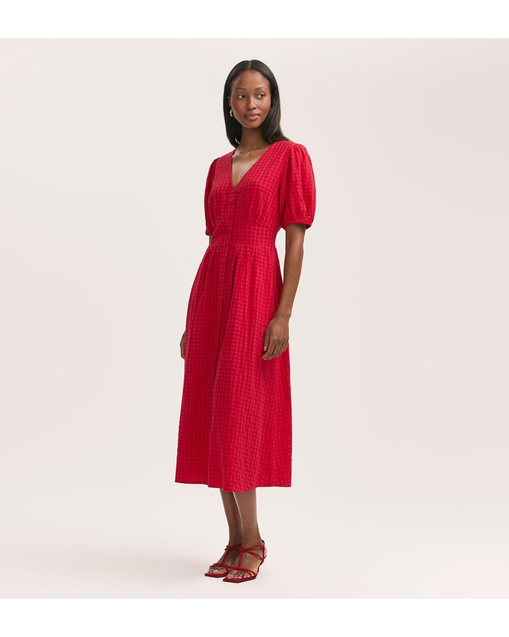 Finery London Red Addison Gingham Seersucker Midi Dress