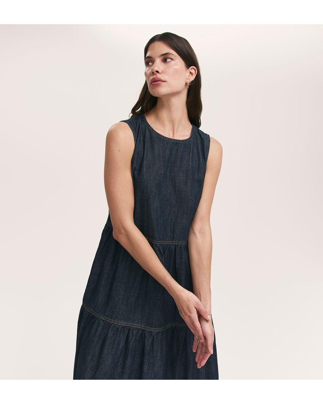 Finery London Blue Essie Denim Sleeveless Midi Tiered Dress