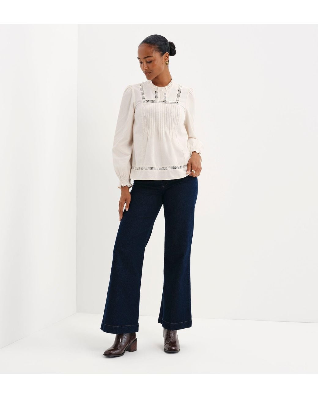 Finery London Natural Alicia Corduroy Lace Trim Pintuck Top