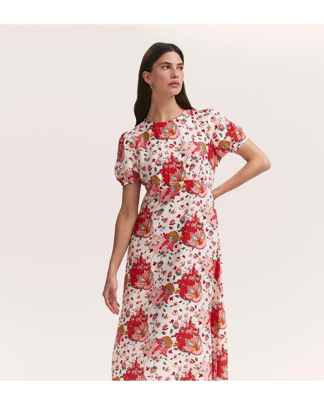 Finery London Red Lili Coral Floral Midi Tea Dress