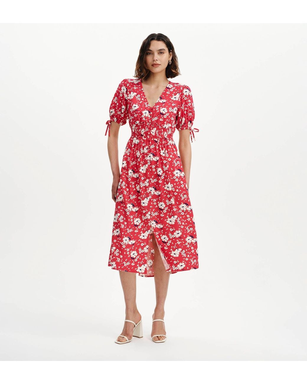 Finery London Red Margot Puff Sleeve Button Through Midi Dress