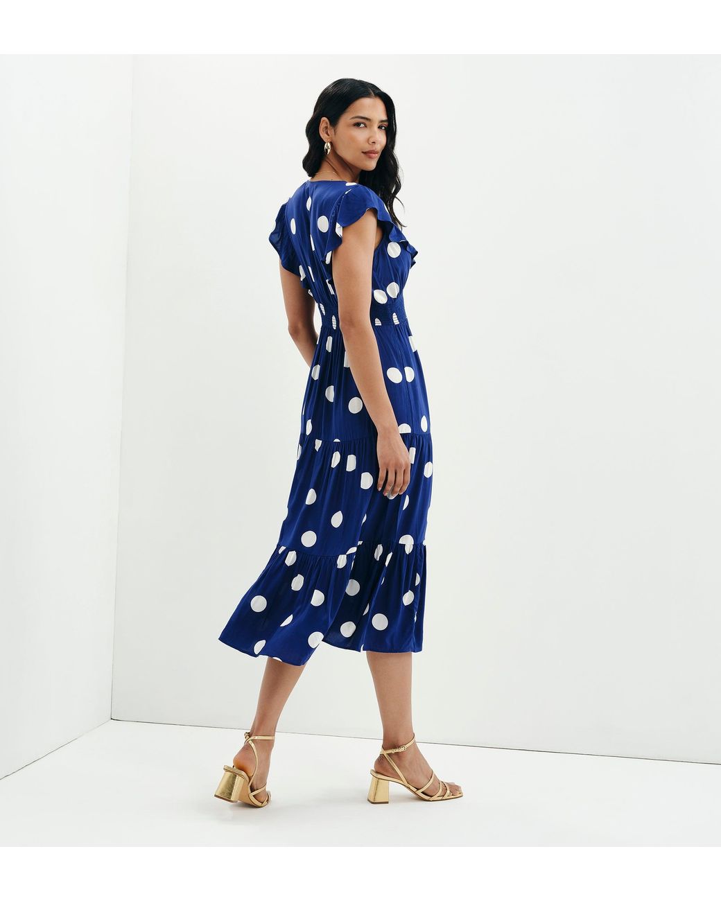 Finery London Blue Mattie Polka Dot Frill Sleeve Empire Waist Tiered Midi Dress