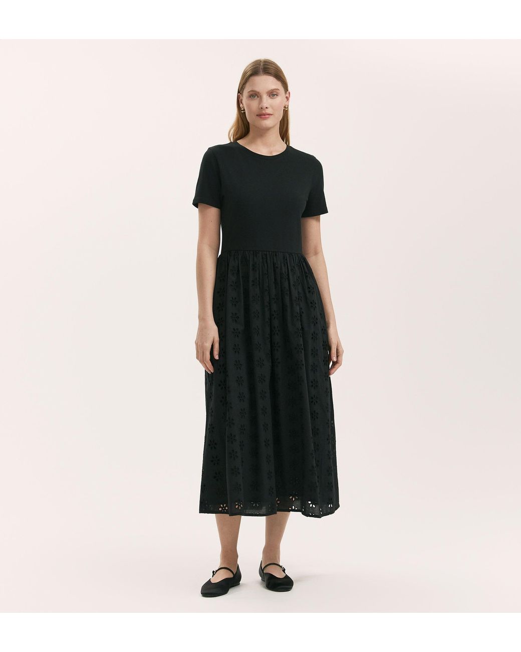 Finery London Black Brea Cotton Broderie Midi T-Shirt Dress