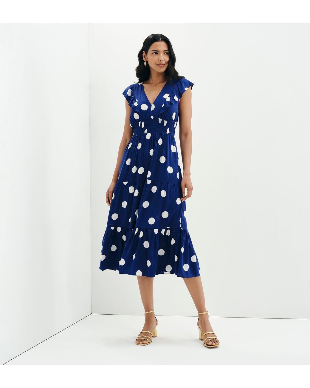 Finery London Blue Mattie Polka Dot Frill Sleeve Empire Waist Tiered Midi Dress