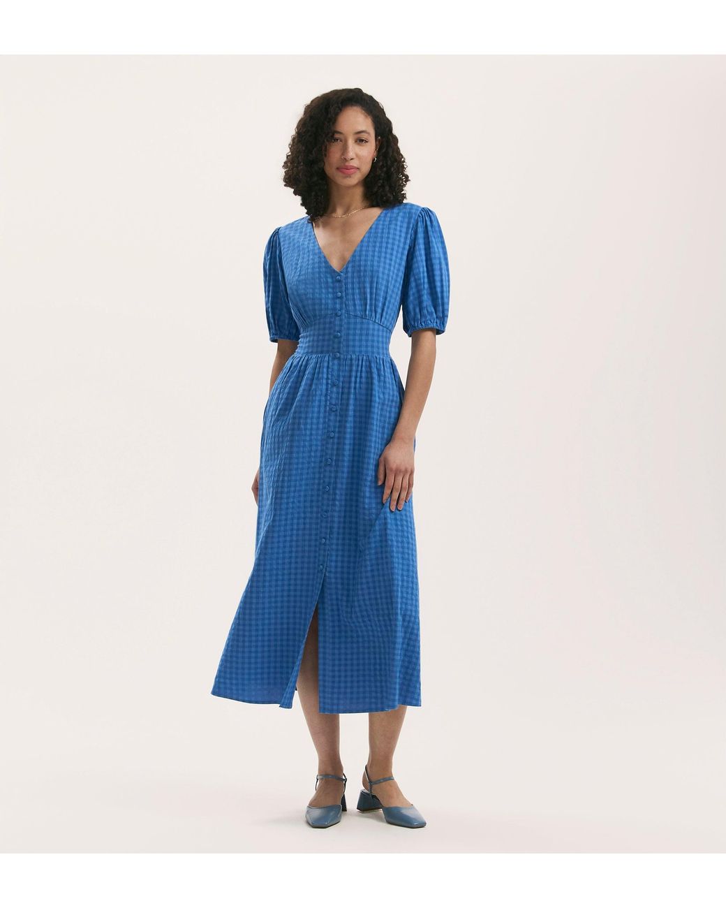 Finery London Blue Addison Gingham Seersucker Midi Dress