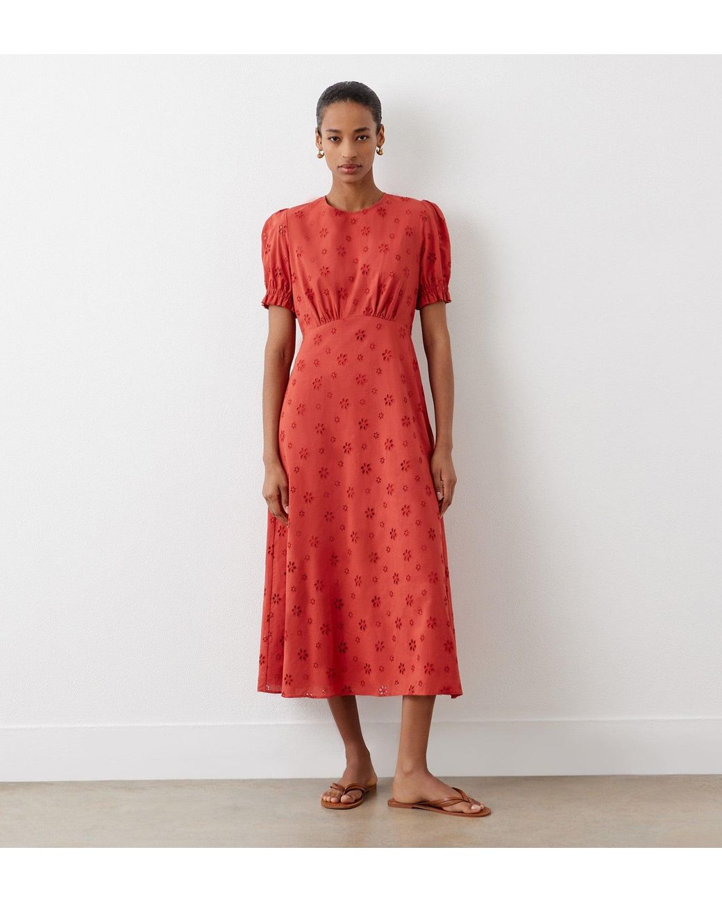 Finery London Red Mela Broderie Anglaise Cotton Midi Dress