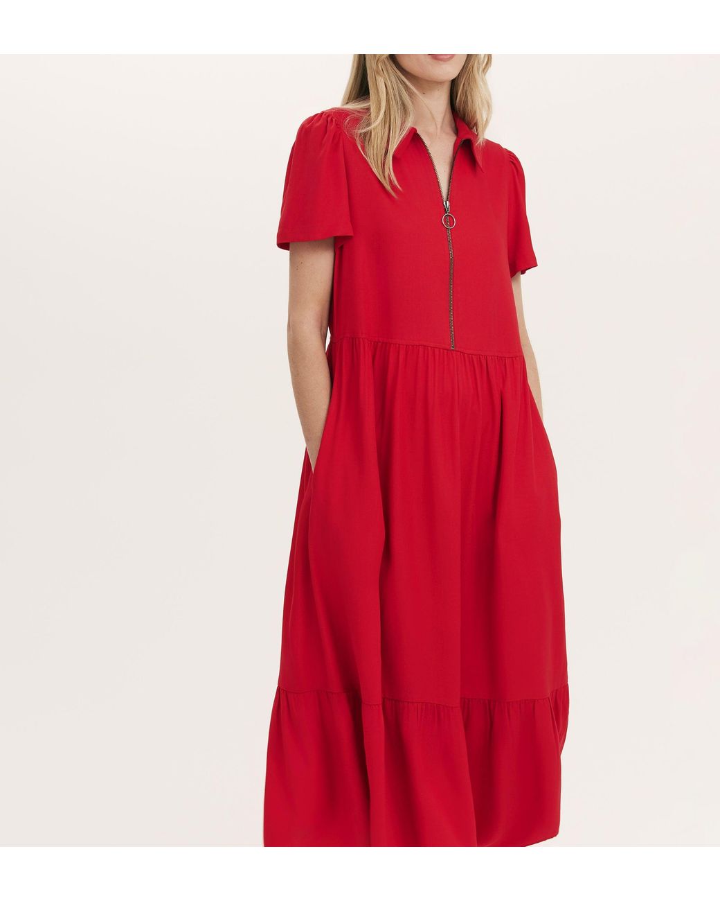 Finery London Red Orion Zip Front Midi Shirt Dress