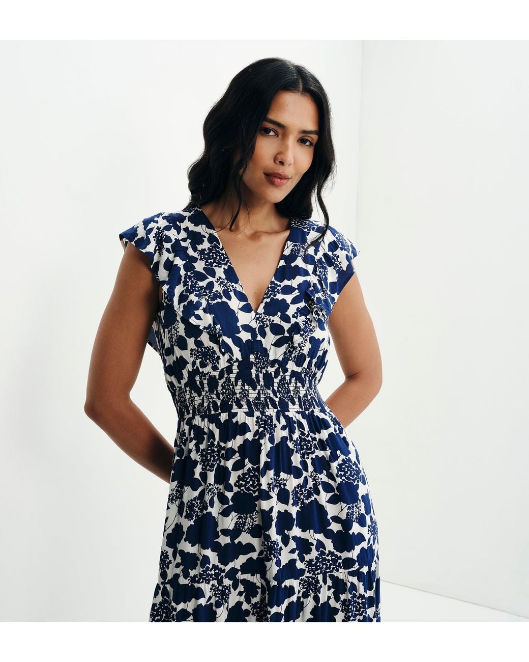 Finery London Blue Mattie Frill Sleeve Empire Waist Tiered Midi Dress