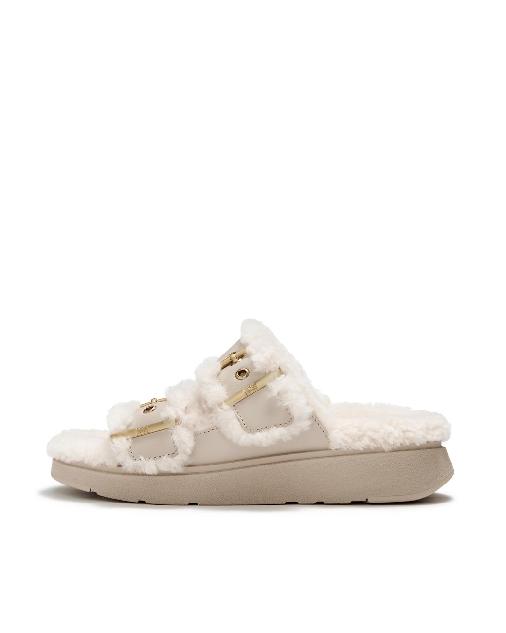 Fitflop Natural Gen-Ff Shearling Two-Bar Slides, Stone, Size: Uk