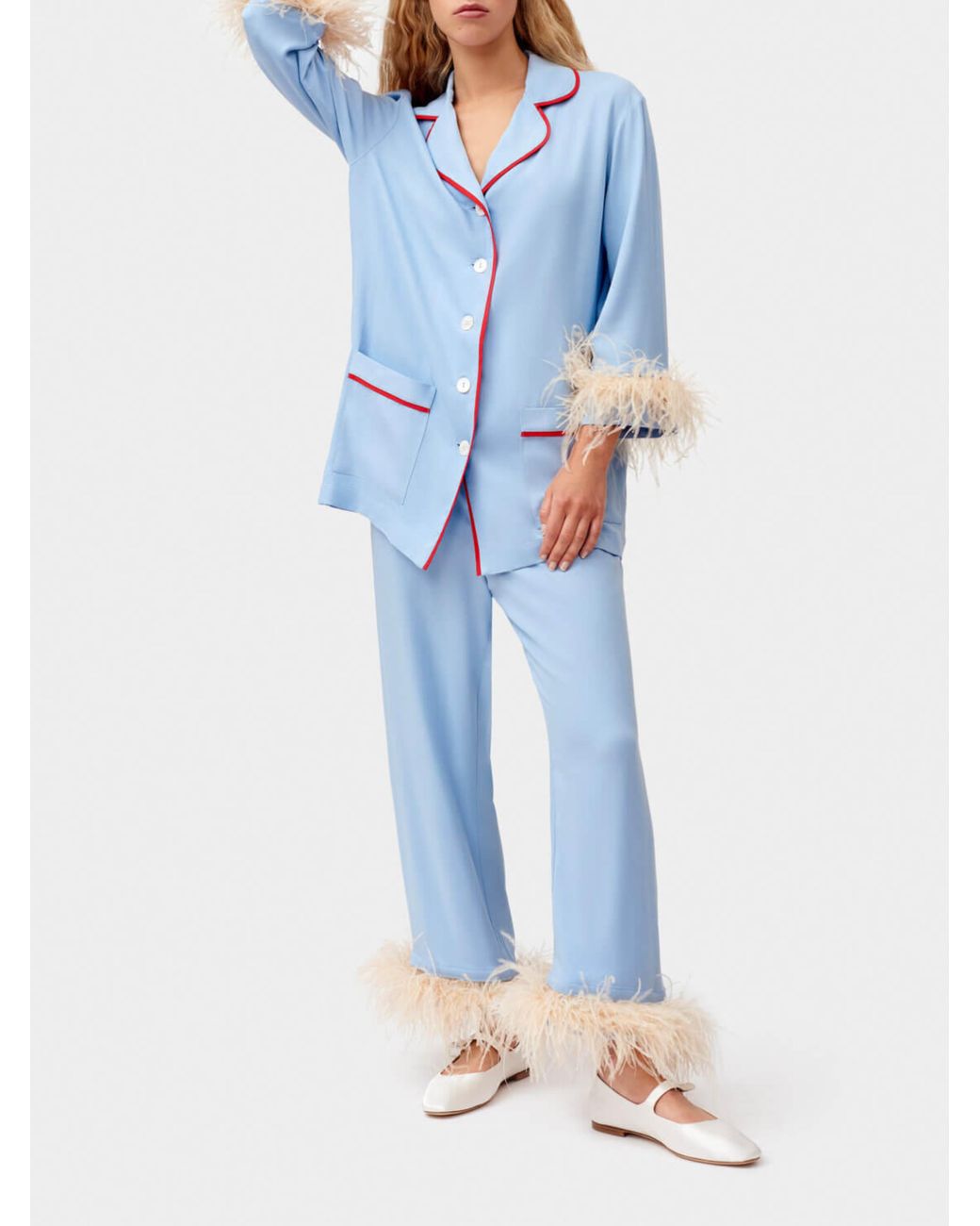 Sleeper Emily In Paris Collab: Blue Party Pajama Set With Beige