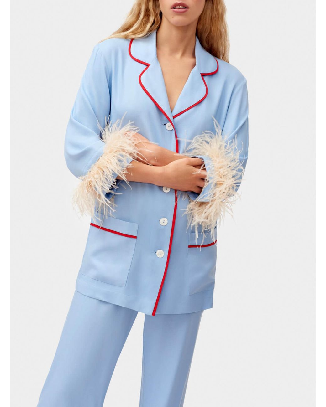 Sleeper Emily In Paris Collab: Blue Party Pajama Set With Beige
