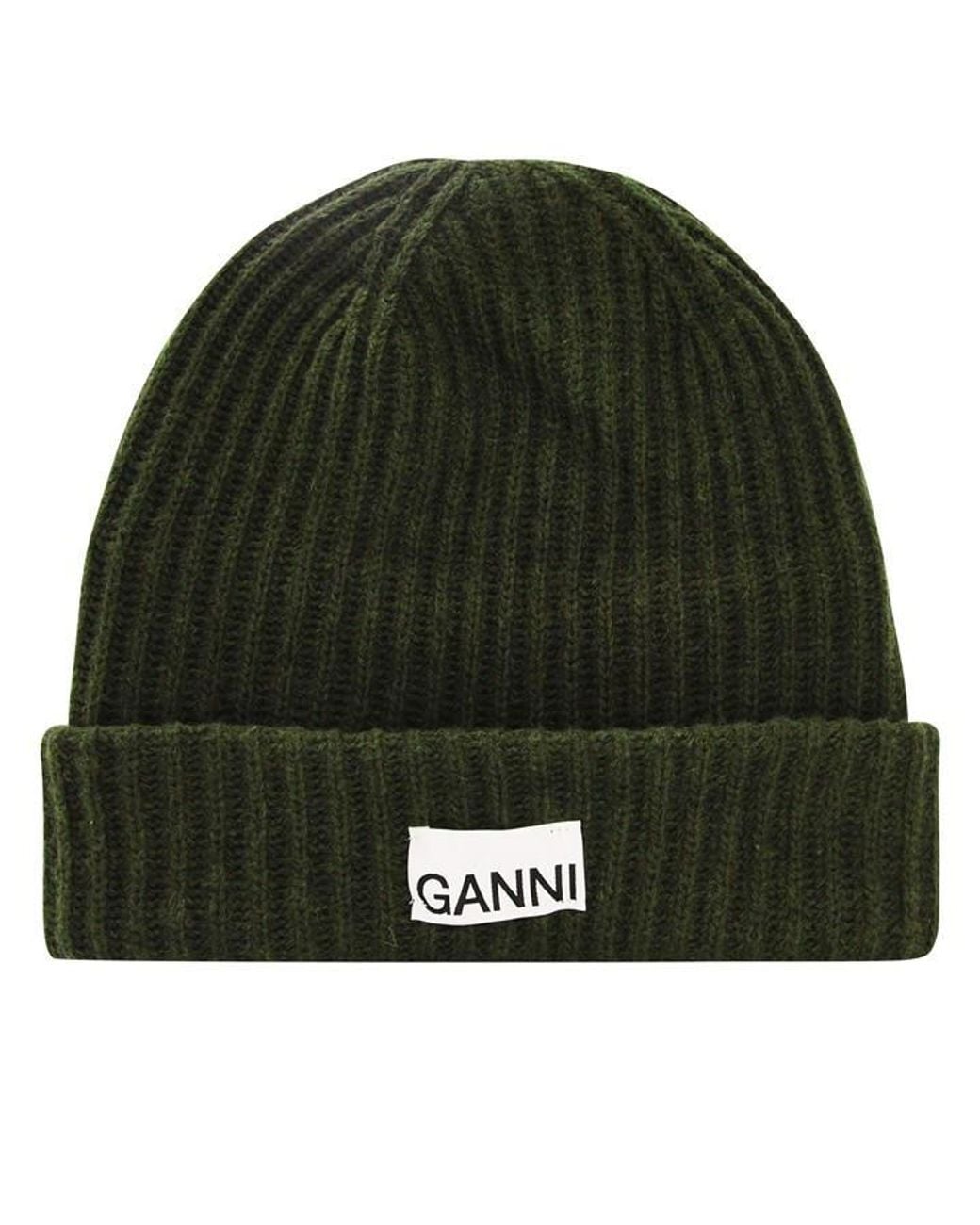 Ganni Green Rib Knit Beanie