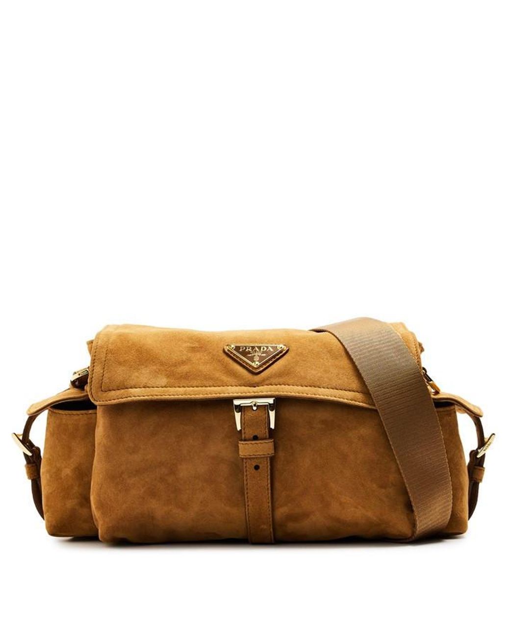 Prada Brown Explore Medium Suede Shoulder Bag With Flap