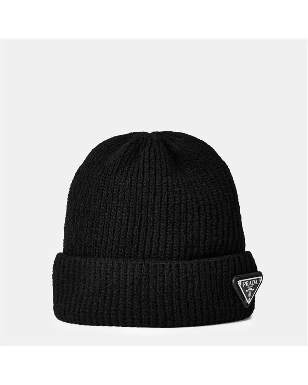 Prada Black Wool Badge Logo Beanie for men