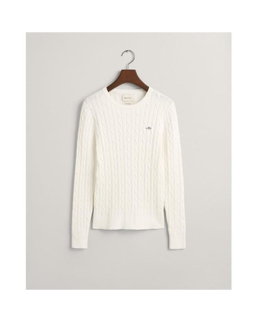 Gant White Stretch Cotton Cable Knit Crew Neck Sweater