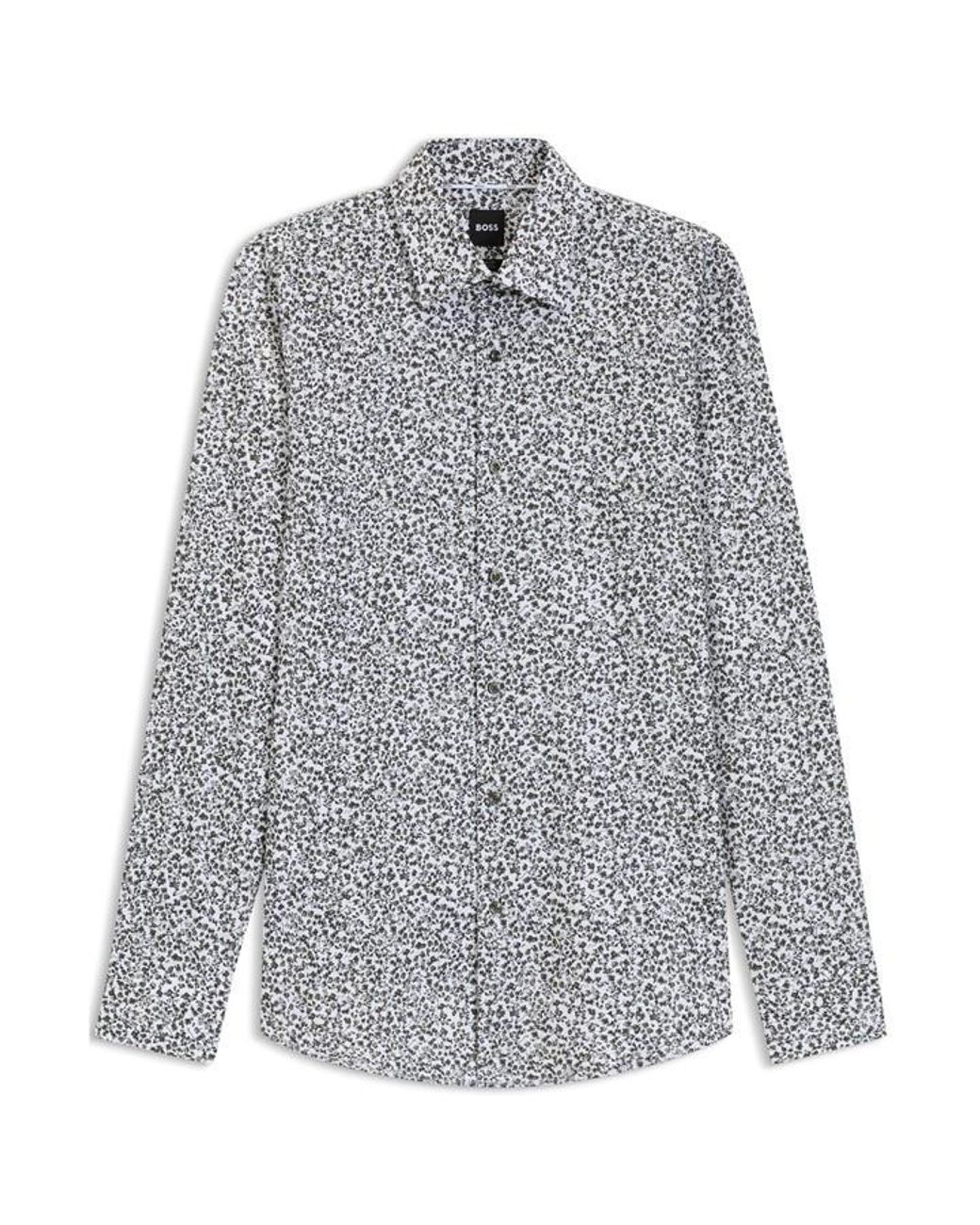 Boss Gray Floral Print Stretch Cotton Long Sleeve Slim Fit Shirt for men