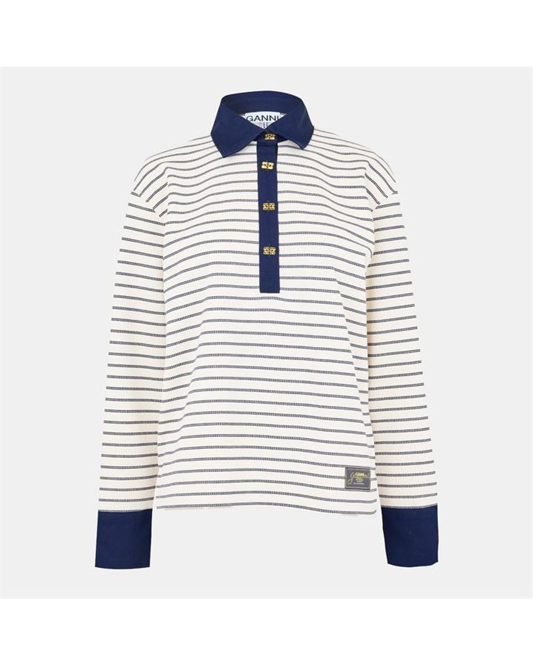 Ganni Blue Striped Long-Sleeve Polo Shirt