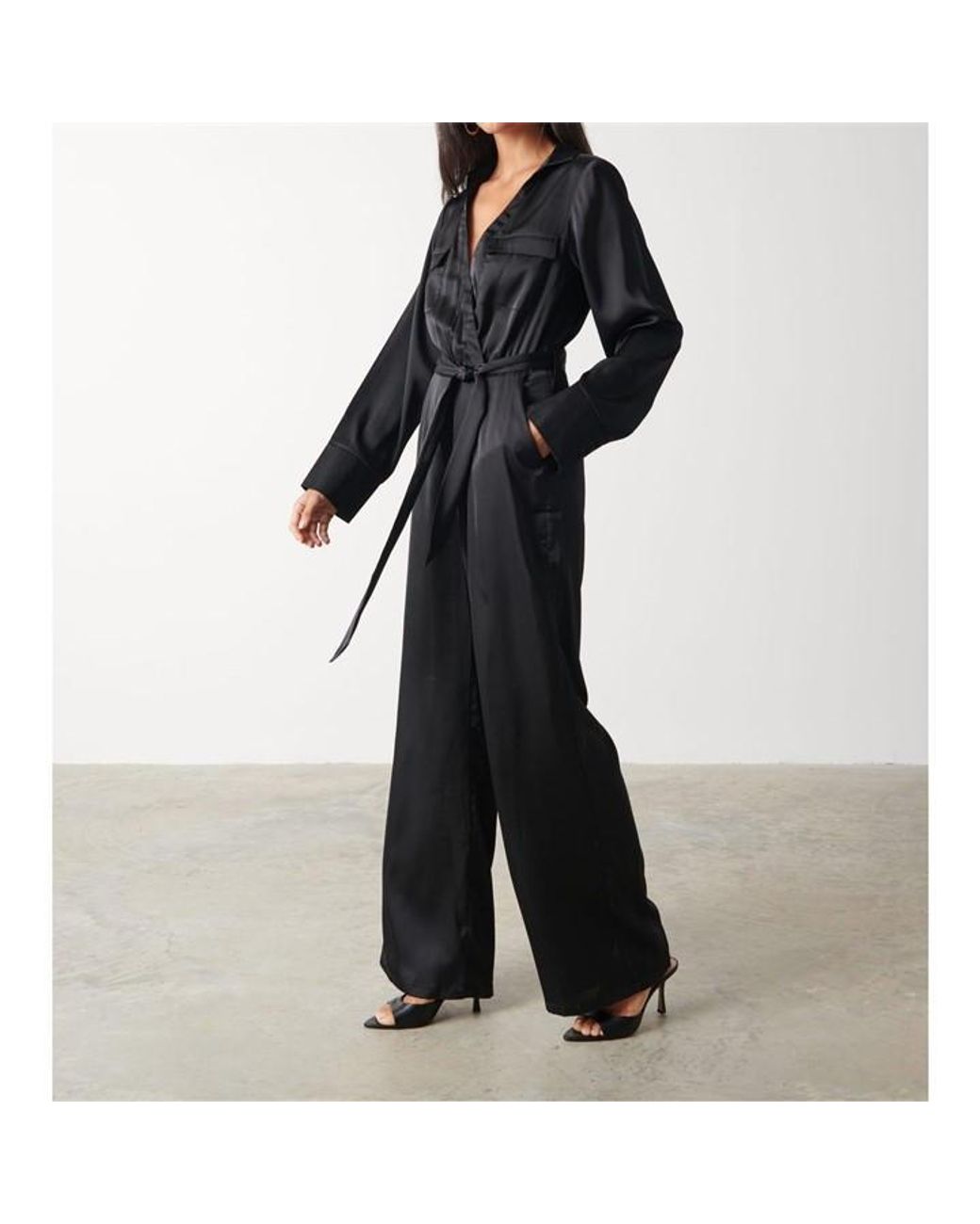 Pretty Lavish Black Carmen Collared Satin Long-Sleeve Jumpsuit