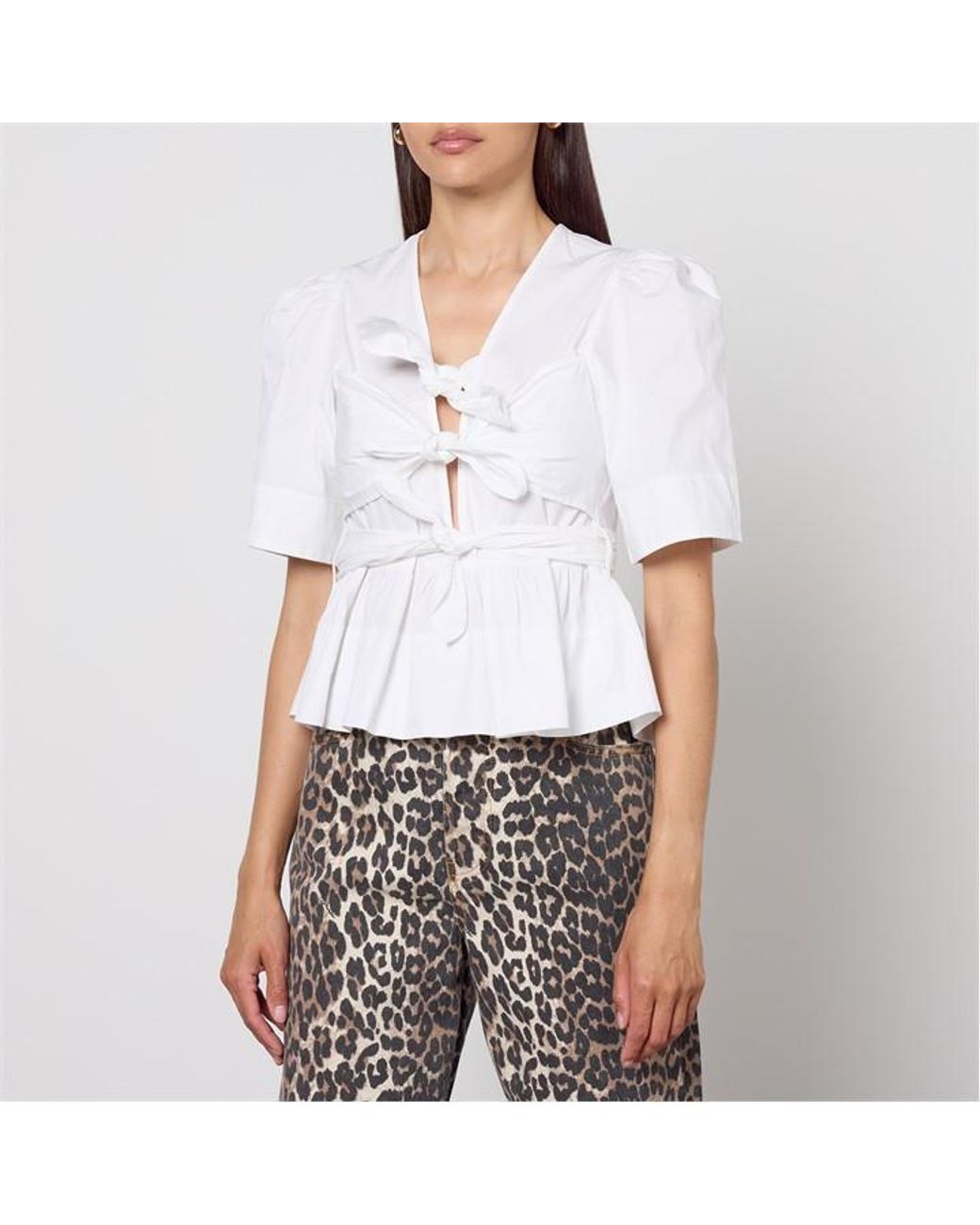 Ganni White Tie Strap Short Sleeve Blouse