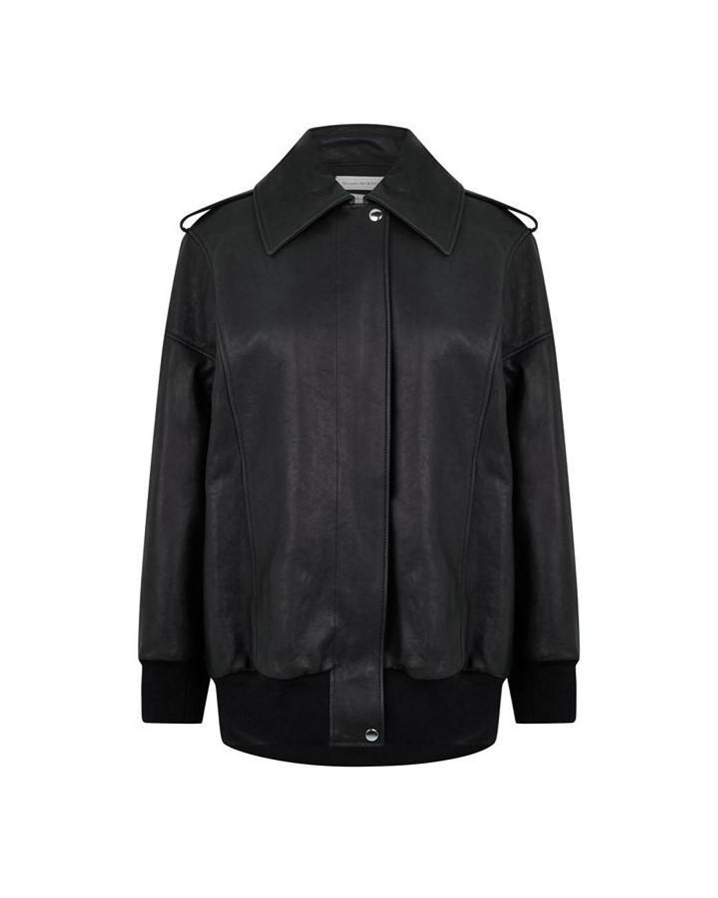 McQueen Black Aviator Bomber Leather Long Sleeve Oversized Fit Jacket